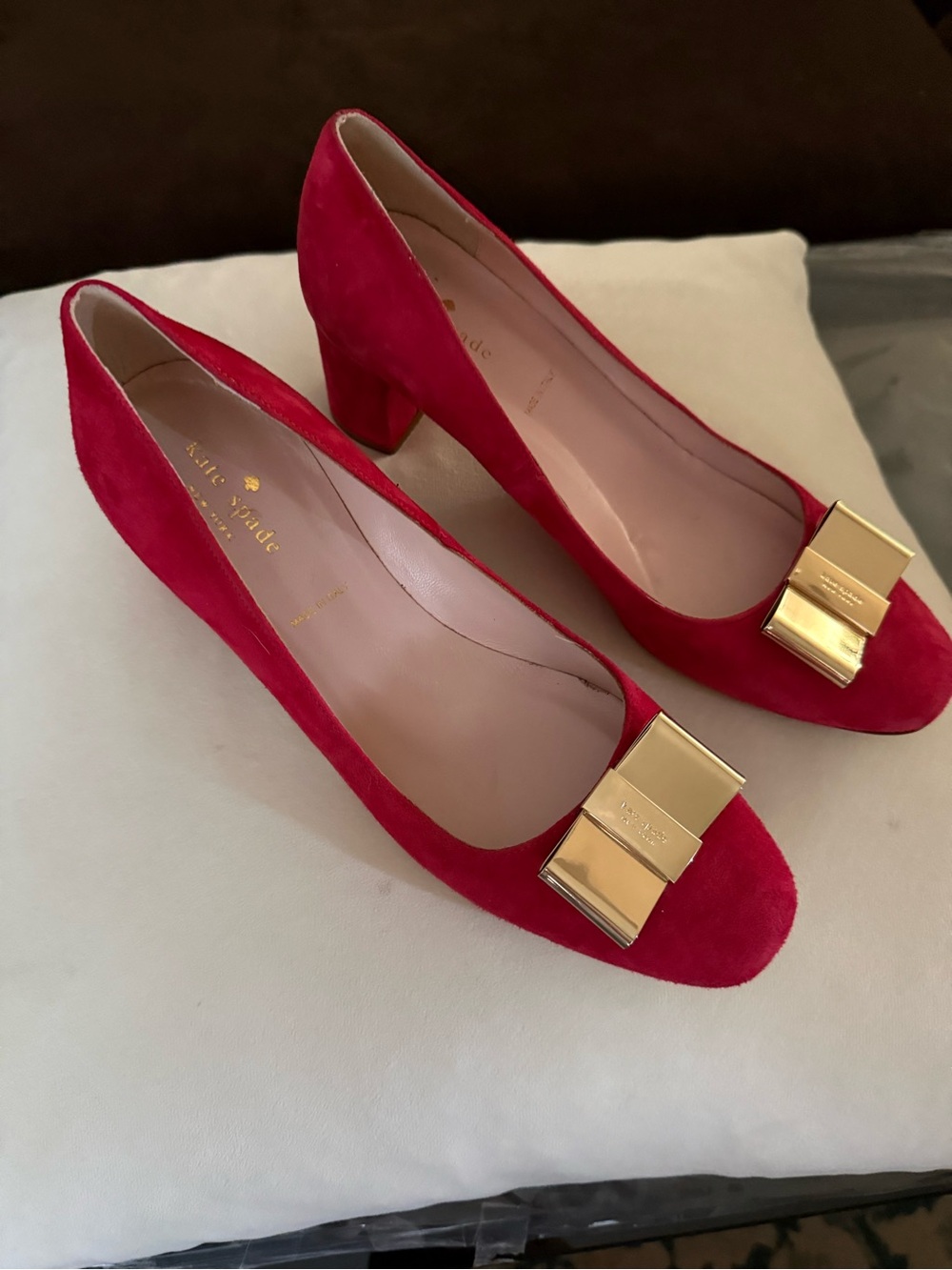 kate spade Red Suede Mid Block Heels with Gold Bow